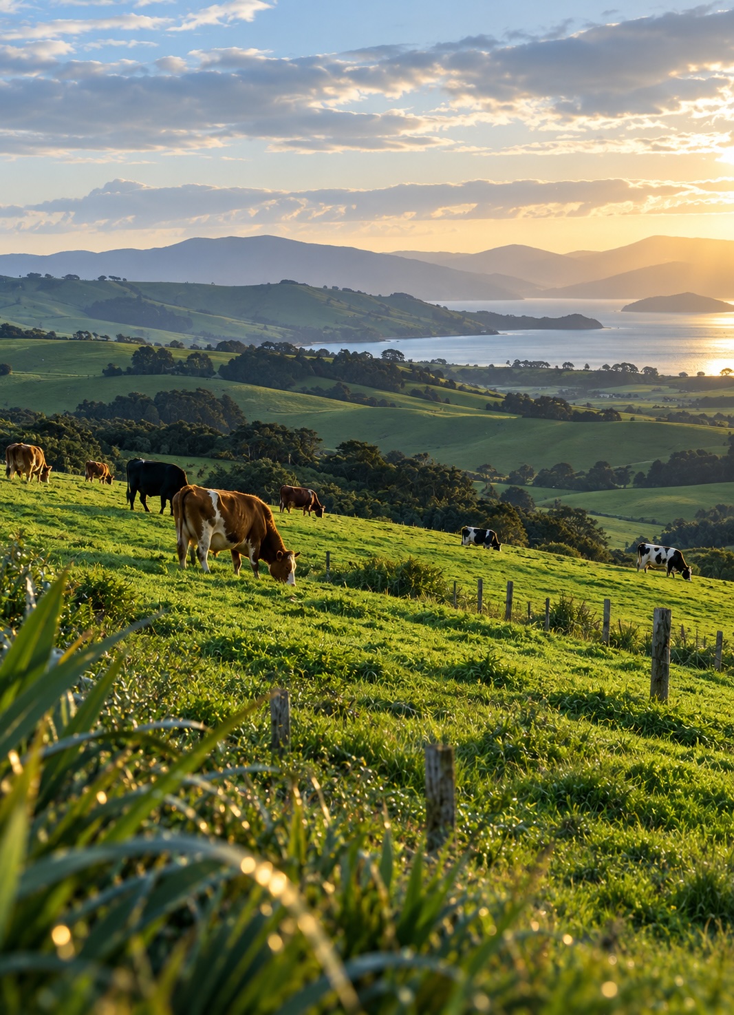 Cattle grazing on rolling green hills above a coastal inlet at sunrise