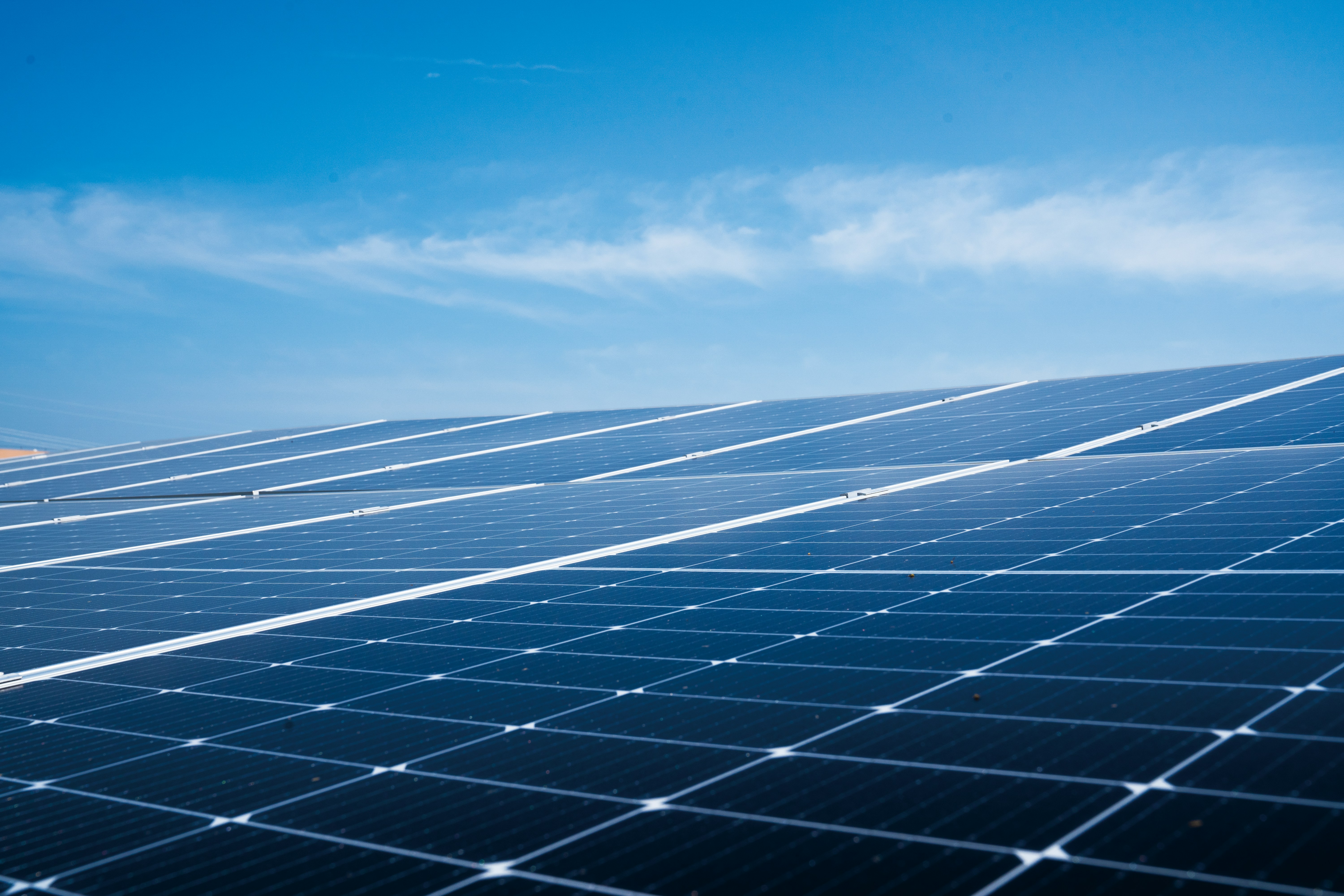 Rows of solar panels beneath a clear blue sky